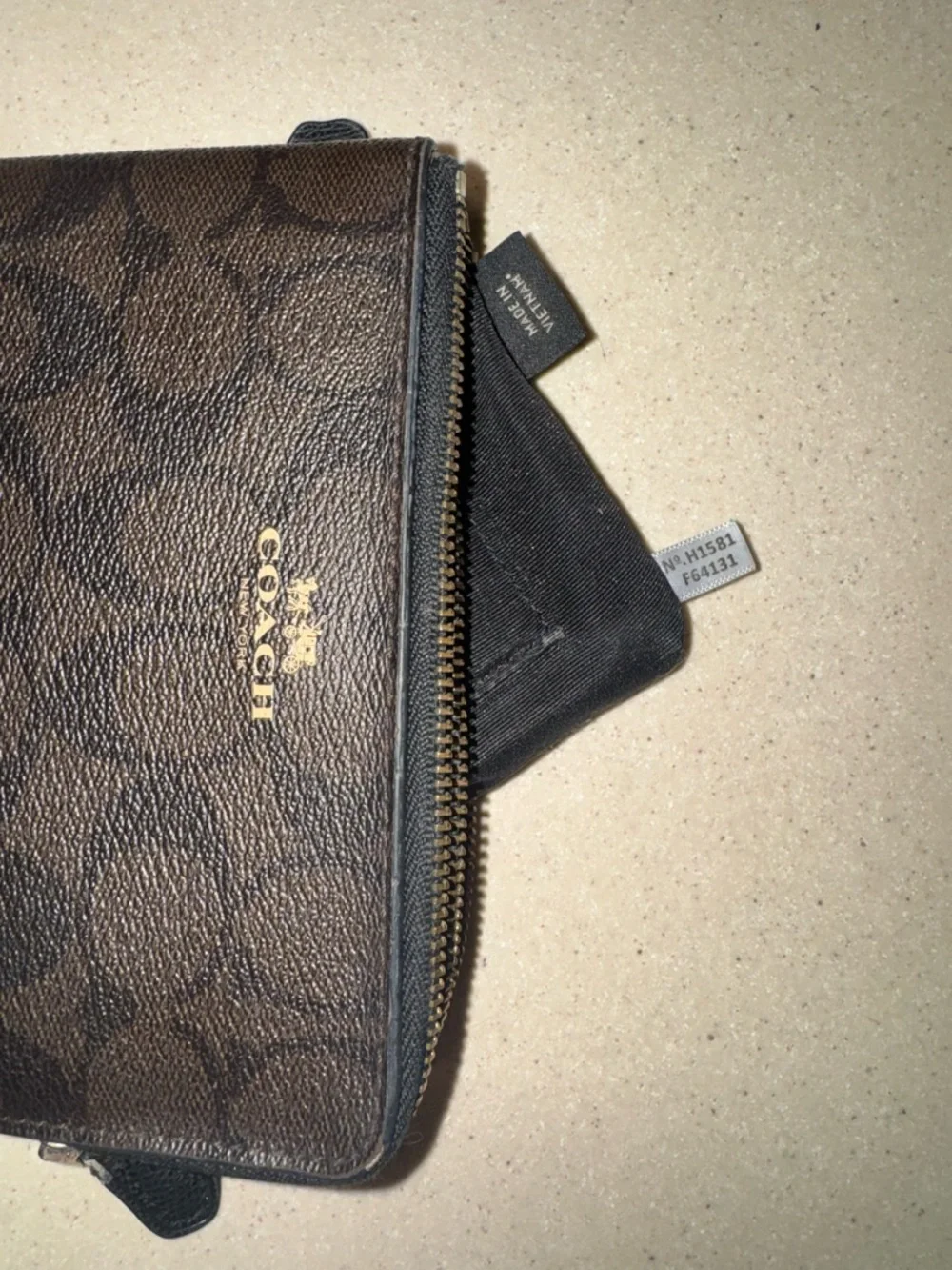 Coach Dark Brown Double Zip Pouch Wallet with Gold Logo